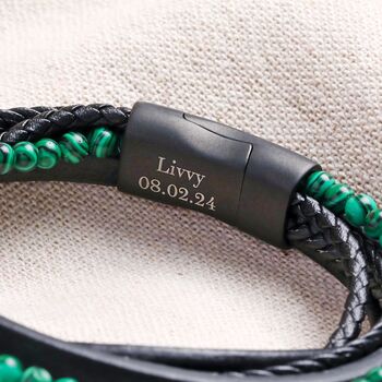 Personalised Malachite Bead Leather Layered Bracelet, 2 of 5