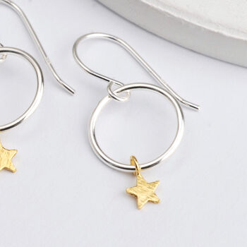 Tiny Sterling Silver Hoop And Gold Star Drop Earrings, 4 of 8