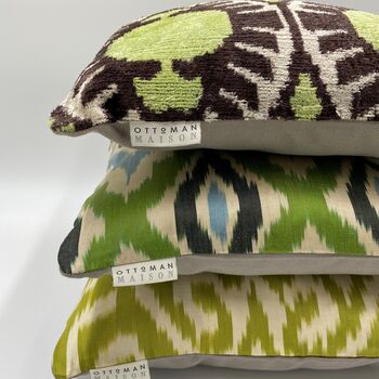 Square Ikat Velvet Cushion Green Pomegranate, 7 of 7