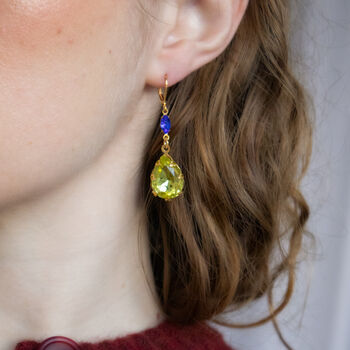 Statement Lime Green And Blue Rhinestone Drop Earrings, 3 of 8