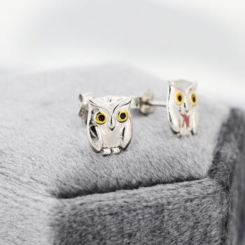 Cute Baby Owl Face Stud Earrings In Sterling Silver, 4 of 11