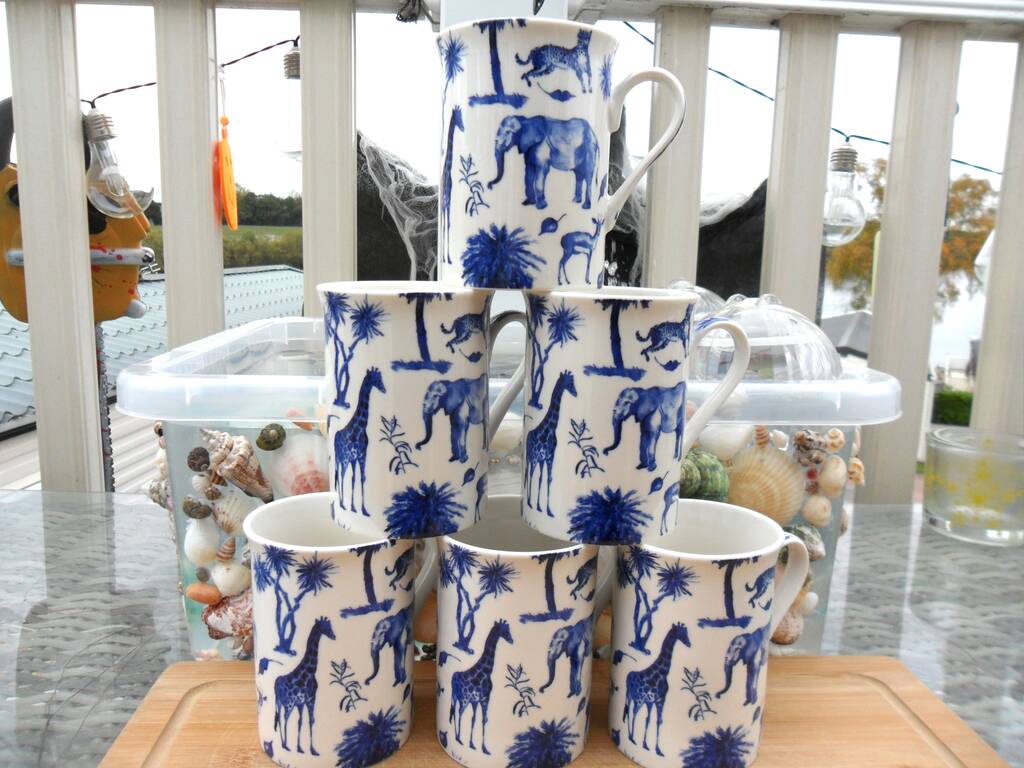 Set Of Six Straight Mugs In Blue Safari Design, 1 of 12