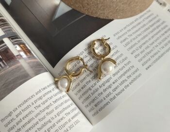 Chunky 14 K Gold Plated Silver Pearl Hoops Earrings, 7 of 8