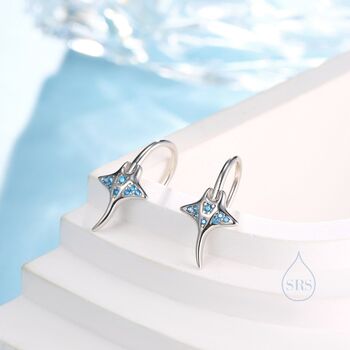 Sterling Silver Manta Ray Fish Drop Hook Earrings With Blue Cz, 2 of 12