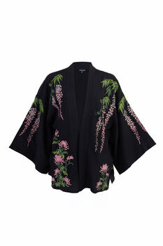Wisteria And Chrysanthemum Black And Pink Embroidered Short Kimono, 6 of 7