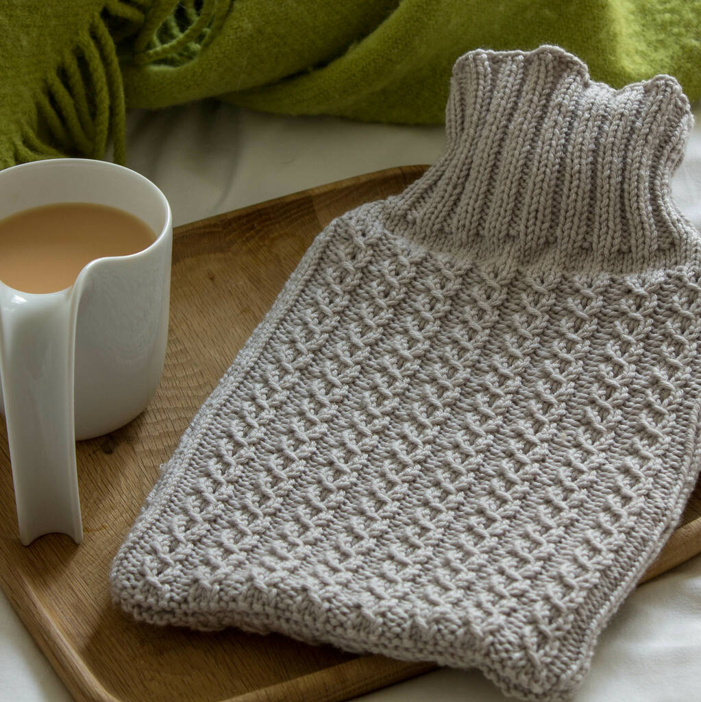 Hand Knit Cable Stitch Hot Water Bottle In Grey By StrikkStrikk