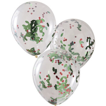 Pack Of Five Christmas Holly Confetti Filled Balloons, 2 of 2