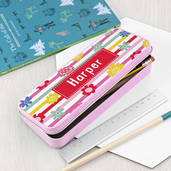 Personalised Girl's Patterned Pink Pencil Case Tin, 7 of 11