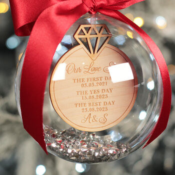 Love Story Met Engaged Married Wedding Ring Christmas Bauble, 2 of 5