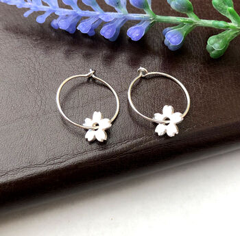 Sterling Silver Cherry Blossom Flower Hoop Earrings, 6 of 9