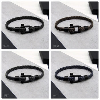 Men's Nautical Black Matt Shackle And Woven Leather Bracelet, 2 of 3