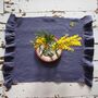 Disty Blue Linen Hand Embroidered Ruffle Tea Towel, thumbnail 1 of 6