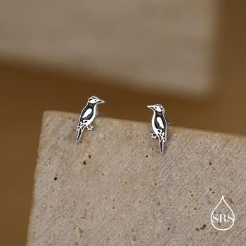Sterling Silver Great Spotted Woodpecker Stud Earrings, 5 of 11