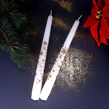 G Decor Set Of Two Hand Finished White Gold Starlit Dinner Candles Gold Glitter Stars Taper Candles Set, 2 of 5