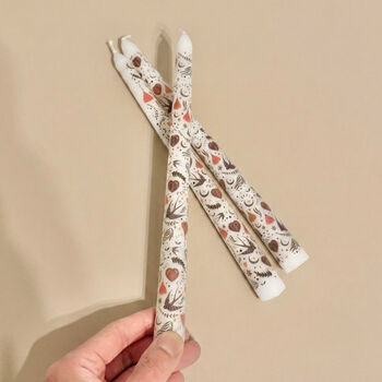 Set Of Three Painted Taper Candles With Folk Print, 4 of 6