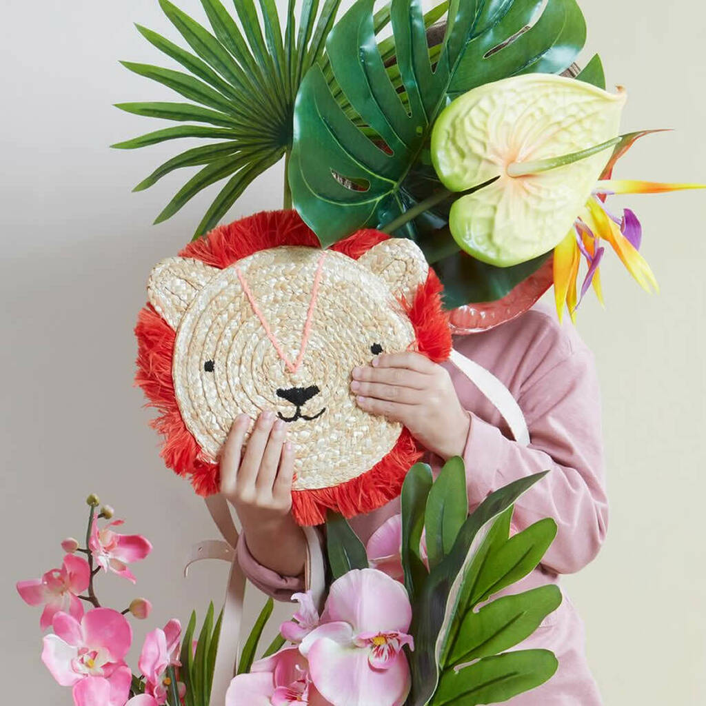 Image of Lion Natural Straw Bag With Leather Strap