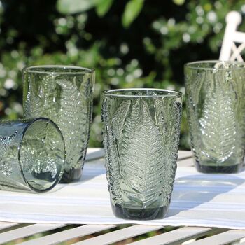 Four Embossed Fern Green Highball Glasses, 5 of 8