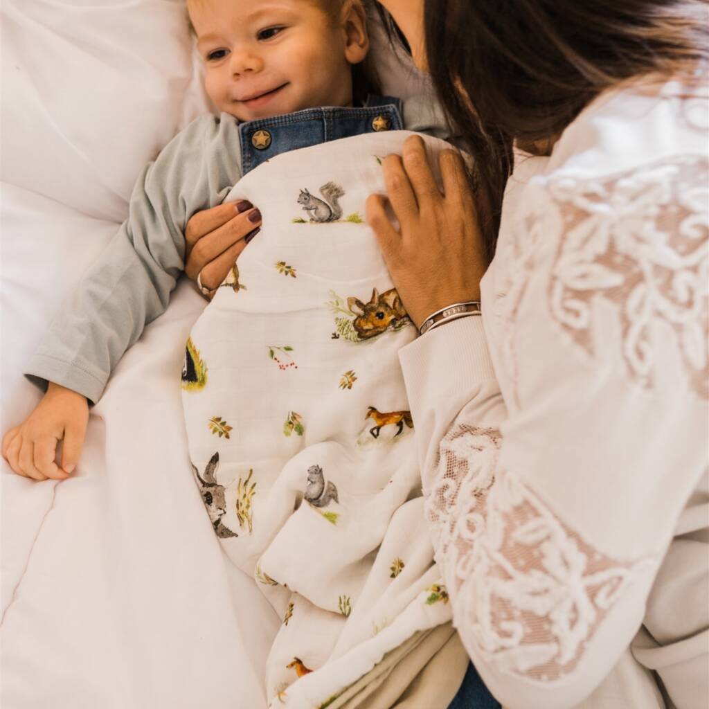 Woodland Bamboo Organic Cotton Muslin Baby Blanket By Little Wild Co.
