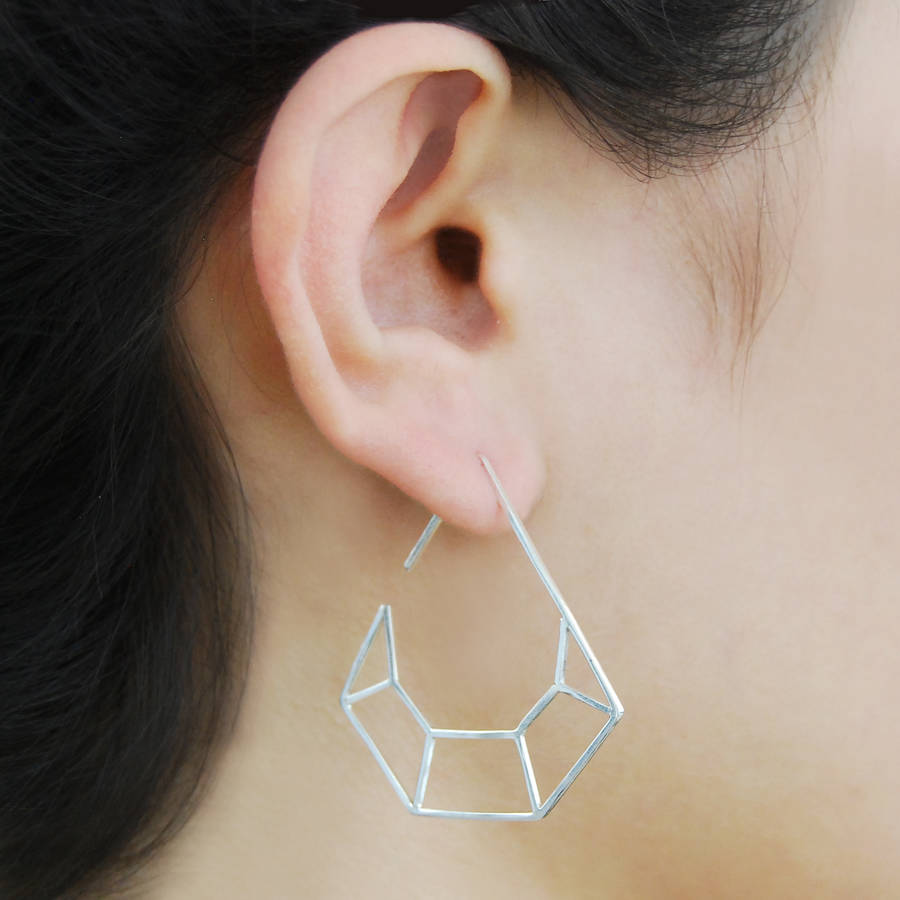 Diamond Geometric Sterling Silver Hook Earrings, 1 of 2