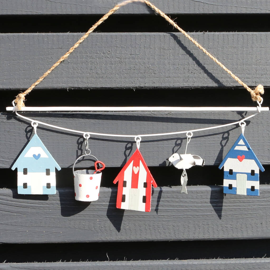 Beach Huts, Bucket And Seagull Hanging Decoration By Red Berry Apple