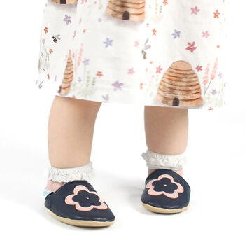 Dotty Fish Pink And Navy Flower Soft Leather Baby Shoes With Barefoot Soles, 3 of 8