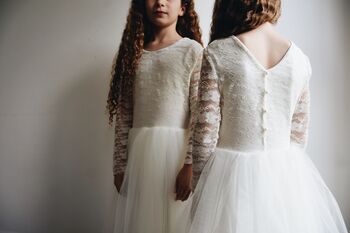 Long Sleeve Lace Flower Girl Dress – Floor Length Tulle Gown Handmade UK, 4 of 6