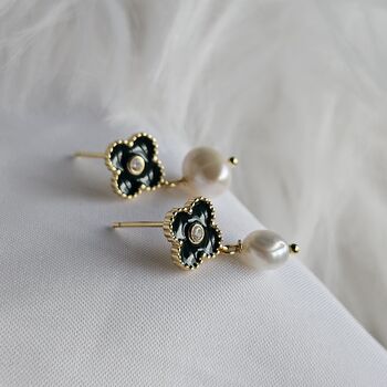 Cz Green Enamel Clover Pearl Drop Earrings, 4 of 8