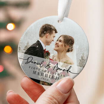 First Christmas Married Ceramic Photo Ornament 2025, 6 of 8