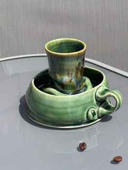 Handmade Porcelain Espresso Cup And Saucer Green Glaze With Sculptural Details, 5 of 7