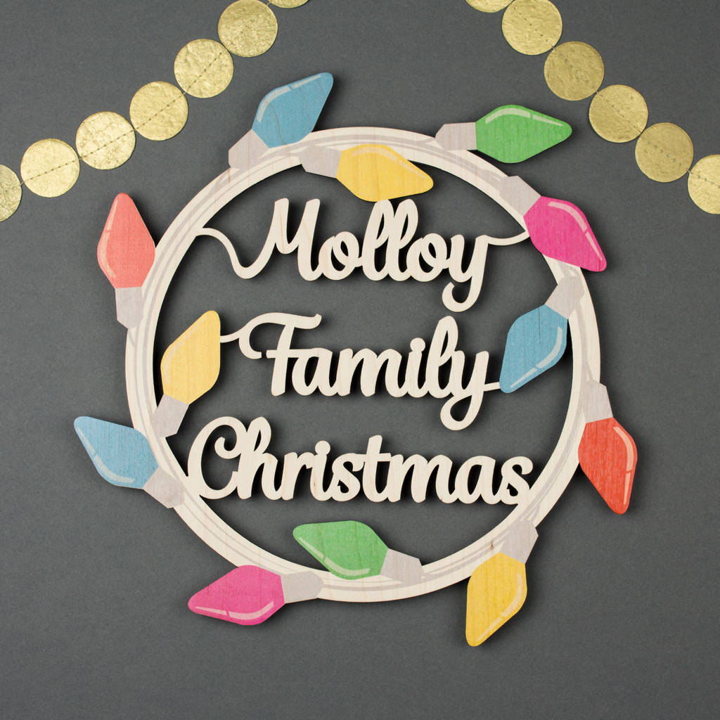 Personalised Christmas Wooden Wreath Retro Fairy Lights By Create Gift