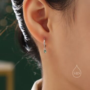 Tiny Dotted Droplet Emerald Green Cz Hoop Earrings, 2 of 11