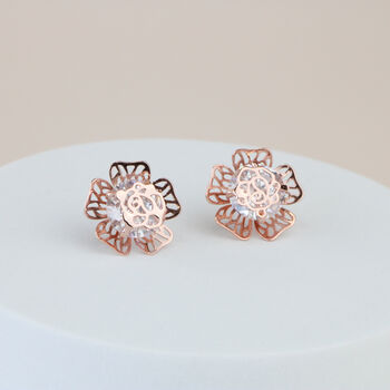 Rose Flower Stud Earrings With Shiny White Crystal Gift For Her, 3 of 3