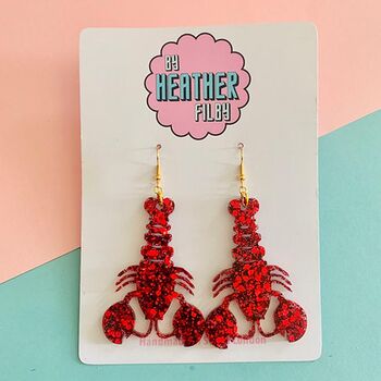 Large Lobster Red Glitter Earrings, 7 of 8