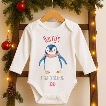 Personalised Baby's First Christmas Babygrow / Bodysuit Christmas Penguin, 7 of 7