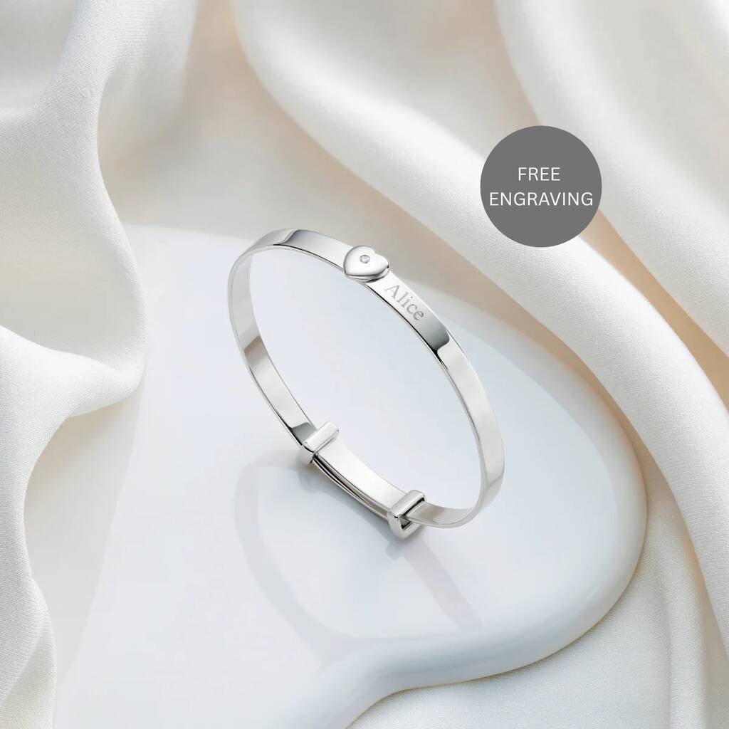 Personalised 925 Sterling Silver Diamond Bangle Baby Love Christening | Baptism | 1st Birthday | Engraved Jewellery, 1 of 7
