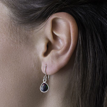 Silver Black Opal October Birthstone Drop Earrings, 9 of 10