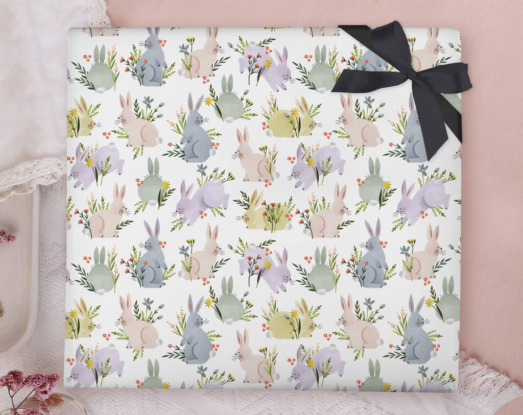 Three Sheets Of Floral Bunny Rabbit Wrapping Paper By Okey Dokey Design ...