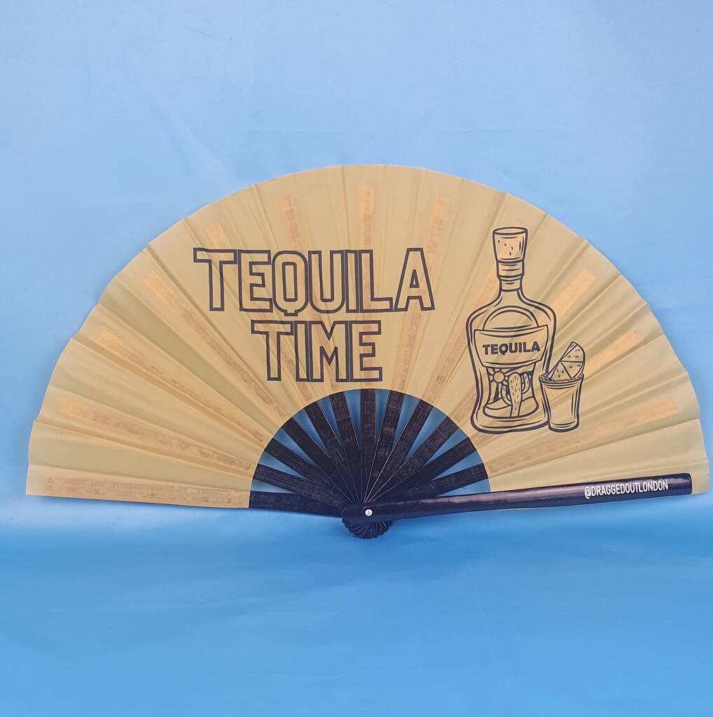 Tequila Time Print Giant Bamboo Hand Clack Fan, 1 of 2