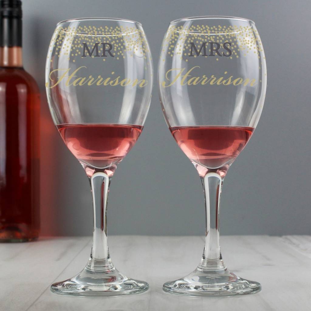 Personalised Pair Of Gold Confetti Wine Glasses By Sassy Bloom As seen