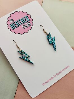 Small Blue And Silver Glitter Lightning Bolt Earrings / Midnight Storm Jewellery Galactic Sparkle /Bowie Inspired Jewellery, 3 of 5