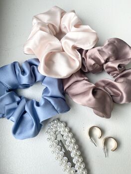 Lina Soft Scrunchie Set Of Three Blue Blush Pink Mauve, 4 of 5