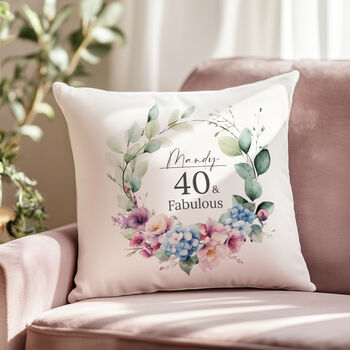 '40 And Fabulous' Personalised Birthday Cushion With Birth Flowers, 2 of 7