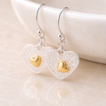 Sterling Silver And Gold Plated Double Heart Hook Drop Earrings, 6 of 6
