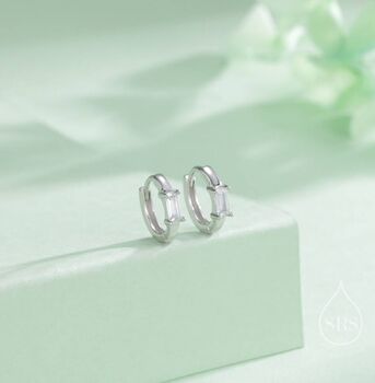 Sterling Silver Minimalist Single Baguette Cut Cz Huggie Hoop, 2 of 12