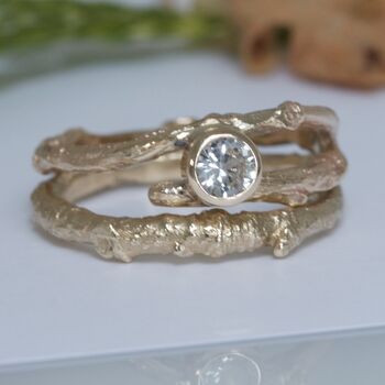 Gold Twig Engagement Ring, White Sapphire Nature Ring, 6 of 8