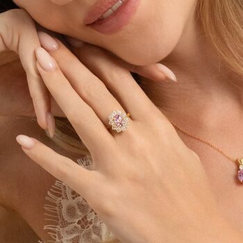Pink Sapphire Halo Engagement Ring In Sterling Silver And Gold, 4 of 12