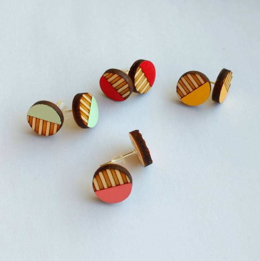circle stripe wooden stud earrings by twiggd