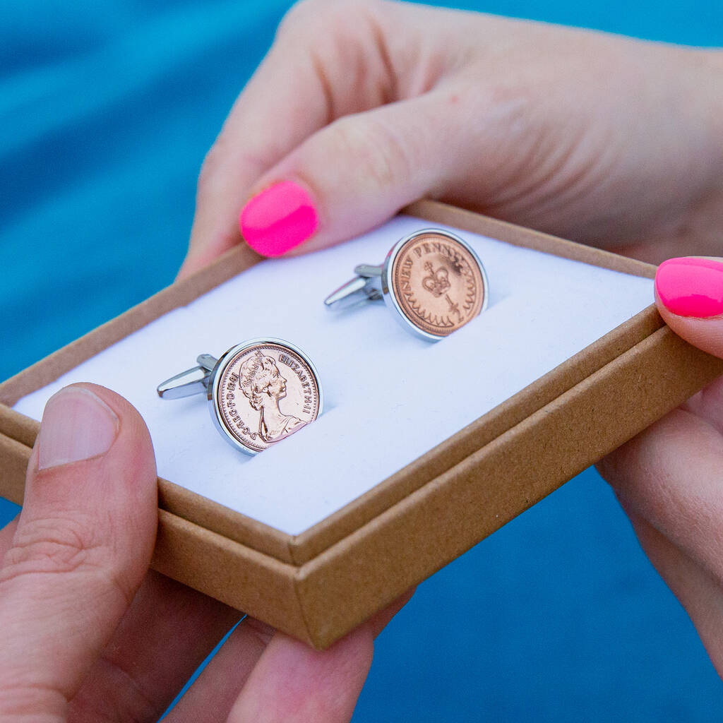 Image of Halfpenny Year Coin Cufflinks 1971 To 1984