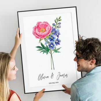 Personalised Couples Birth Flower Print With Date Or Message, 2 of 5