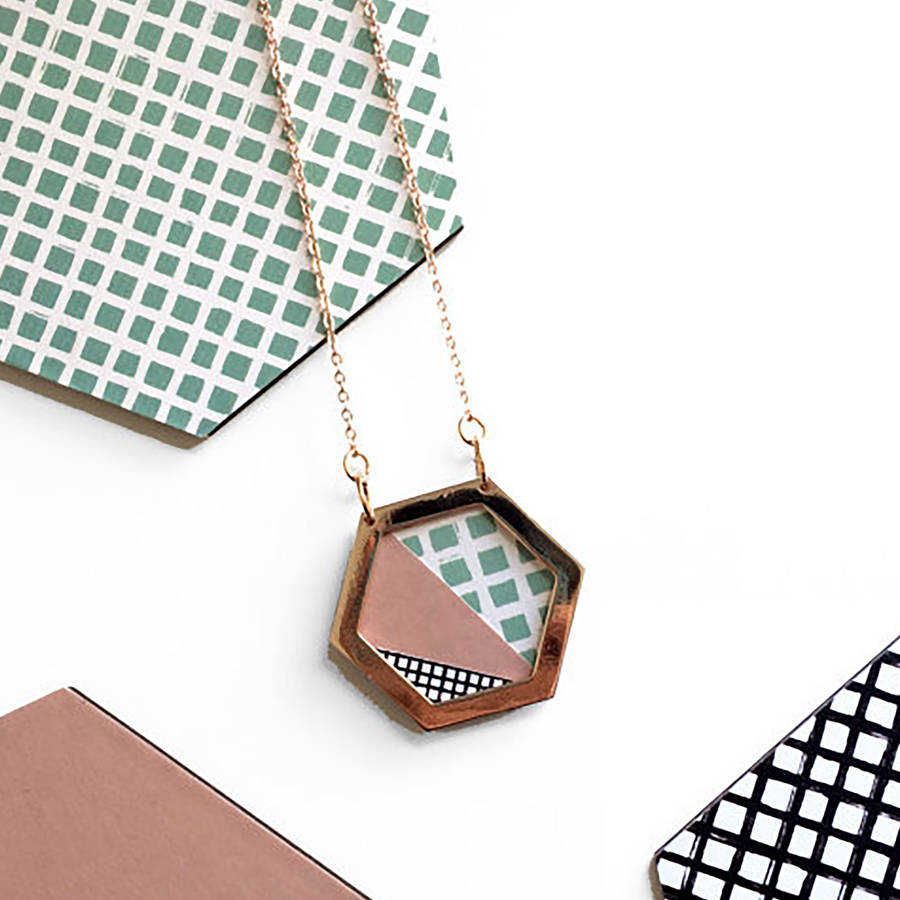 geometric hexagon rose gold necklace by mica peet